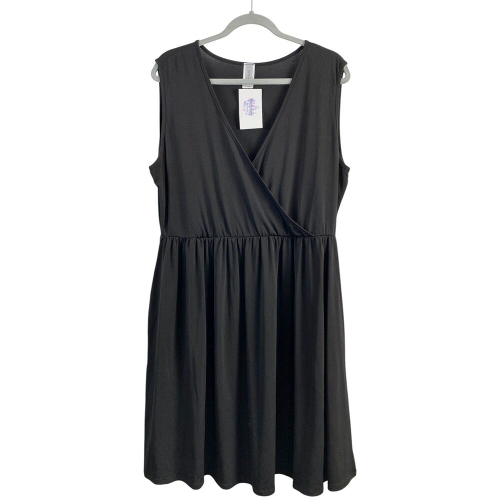 Honeyme Curvy XL Plus Black Dress Faux Wrap Surplice V-Neck Stretch LBD